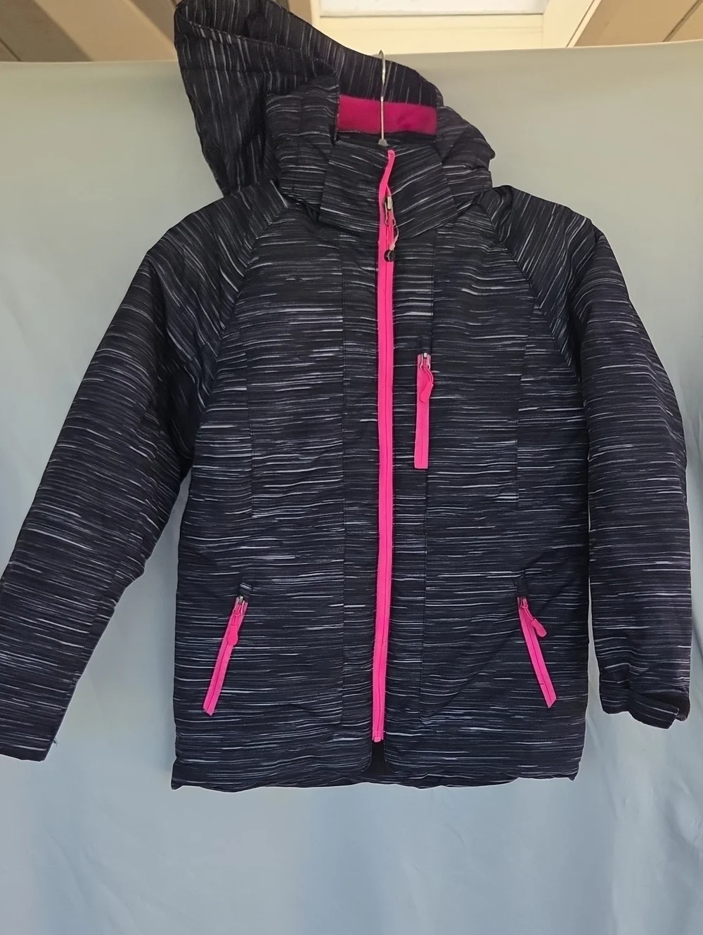 Girls' Black Heather Puffer Jacket with Pink Lining/Trim Sz 10/12
